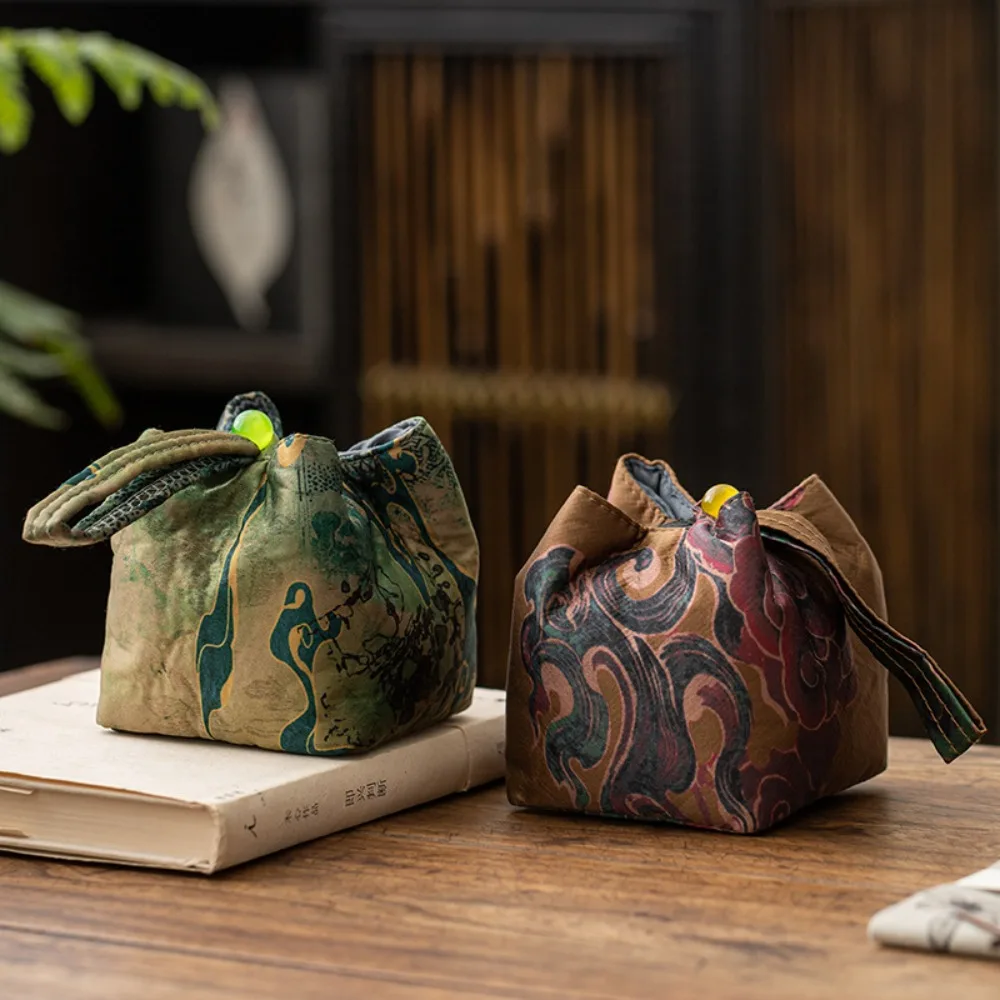 Printing Chinese Style Tea Cup Storage Bag Interwoven Retro Teapot Cloth Pouch Square Portable Silk Brocade Handbag Travel