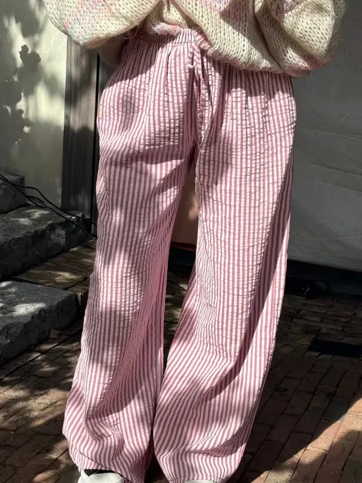 Women Boho Y2k Cropped Trousers Striped Floral Print Loose-Fit Pants Summer Casual Pants Loungewear