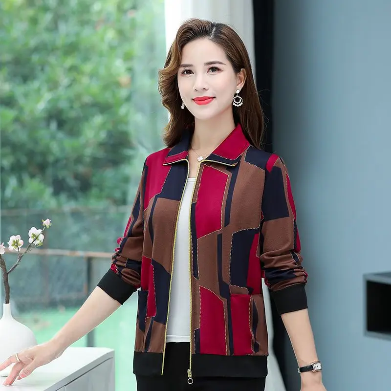 Autumn Winter New Short Coat Middle-aged Elderly Women Print Lapel Zippered Pocket Thin Long Sleeve Loosed Versatile Jacket Top