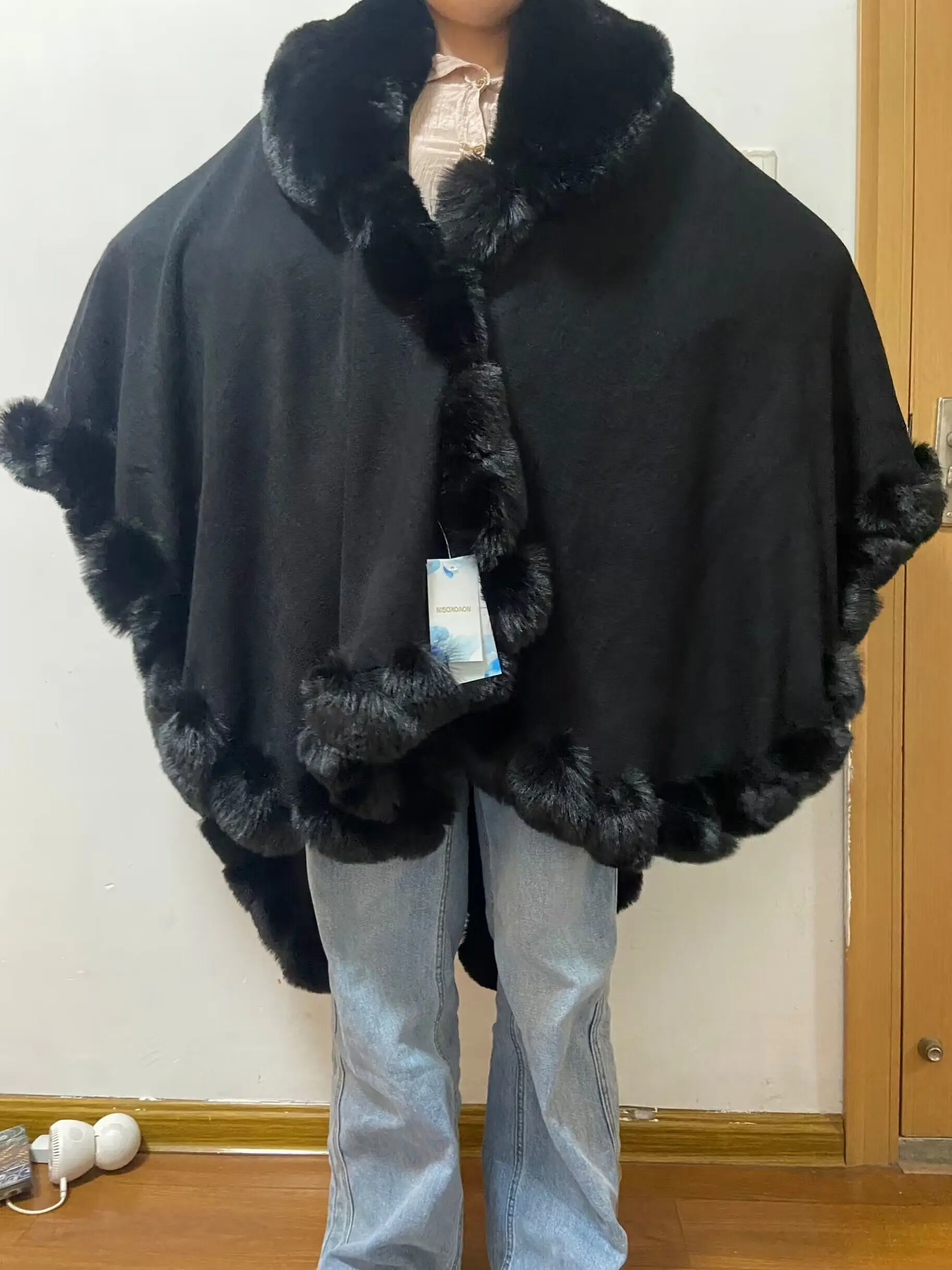 16 Colors Women Cloak Pashmina Batwing Sleeves Shawl Coat Oversize Winter Big Faux Fox Fur Neck Plus Size Poncho Out Streetwear