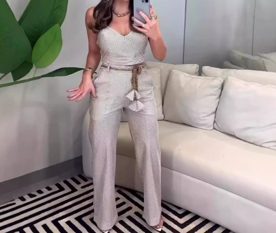 

Women's Pants Set New Two-Piece Fashionable V Neck Sleeveless Crop Top Sling High Waisted Wide Leg Pants Casual