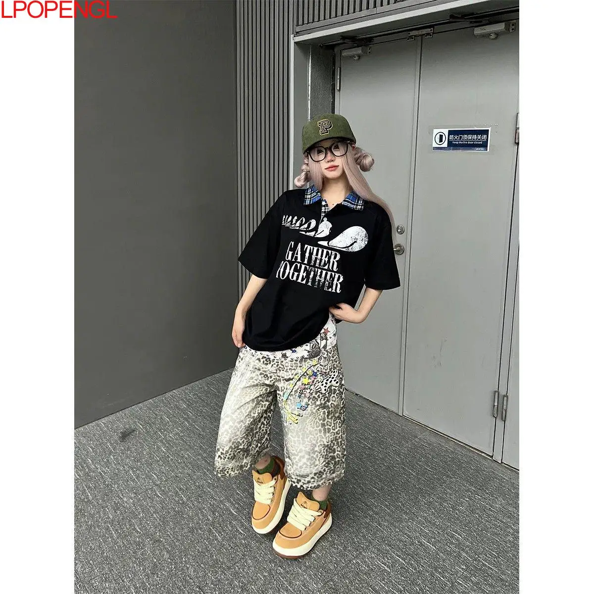 American Retro Street 3d Digital Printed Leopard Print 2026 Women Summer Trendy Loose Straight Wide Leg Denim Calf-length Pants