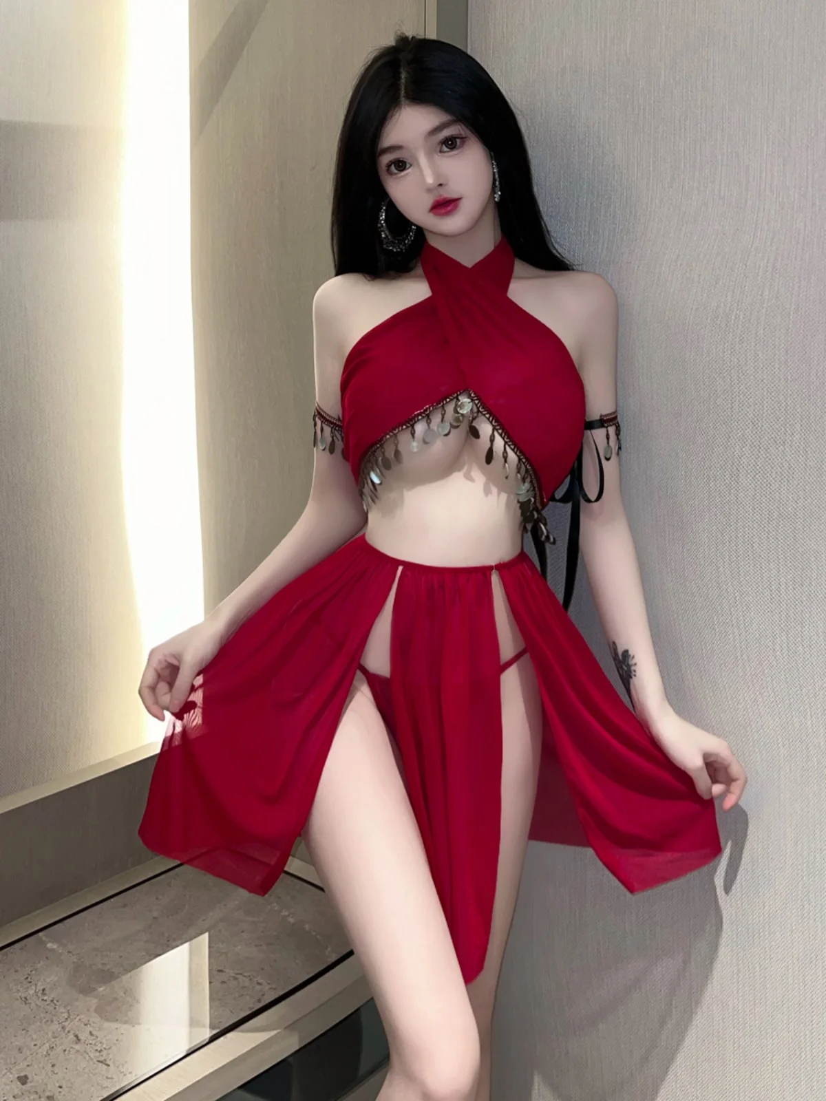 

Сексуальная ор-юбка orm Set для молодых девушек, ночной клуб, бар, этническая юбка, комплект из двух предметов, полиэстер, материал