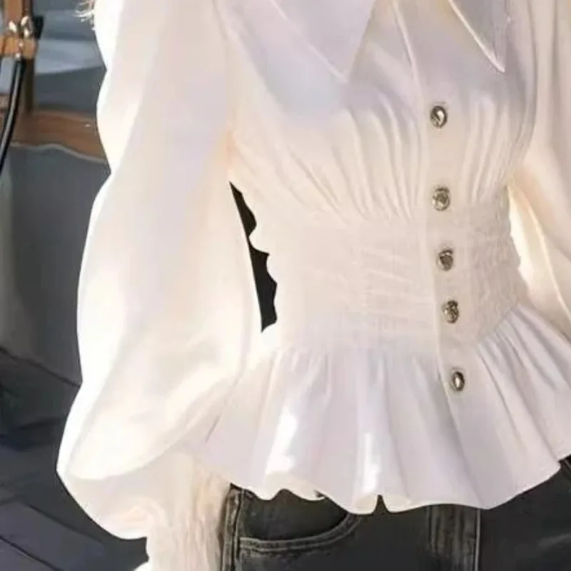 Style coréen doux élégant blanc femmes chemise Vintage lanterne à manches longues Blouses minces mode japonaise bureau dame princesse haut