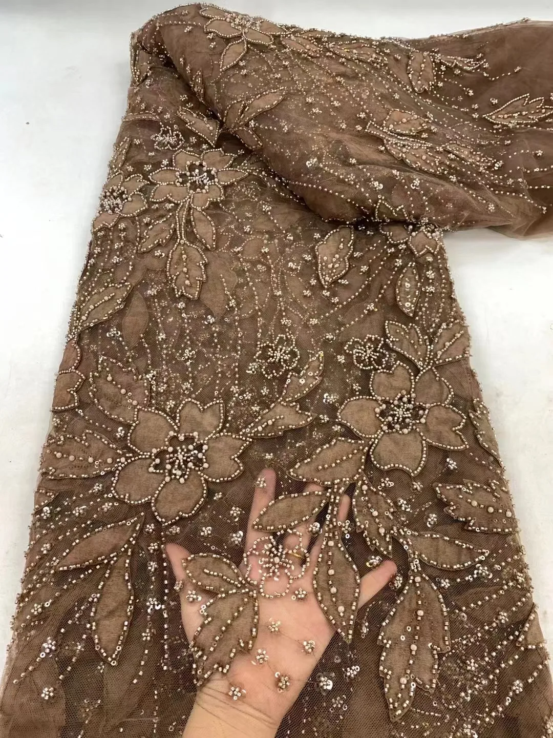 

France High-End Luxury Elegant golden Handmade Beaded Lace Fabric Nigerian With Sequins Mesh Lace Fabric For Wedding Dress