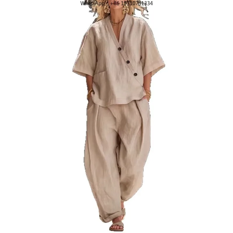 Loose V Neck Linen Two Piece Set Casual Wide Leg Pants Outfit Breathable Comfort For Summer Daily Vacatio