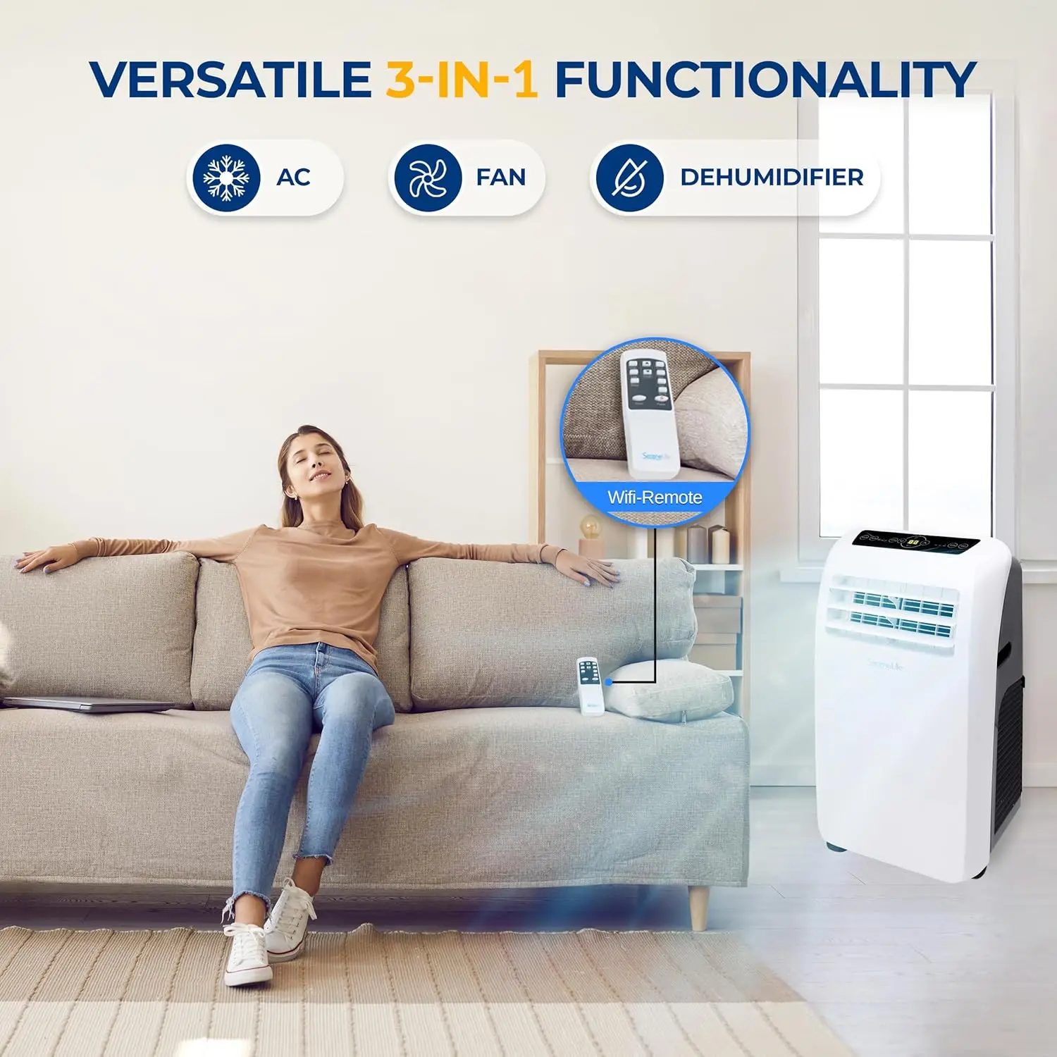 SereneLife Small Air Conditioner Portable 10,000 BTU with Built-in Dehumidifier - Portable AC unit for rooms up to 450 sq ft