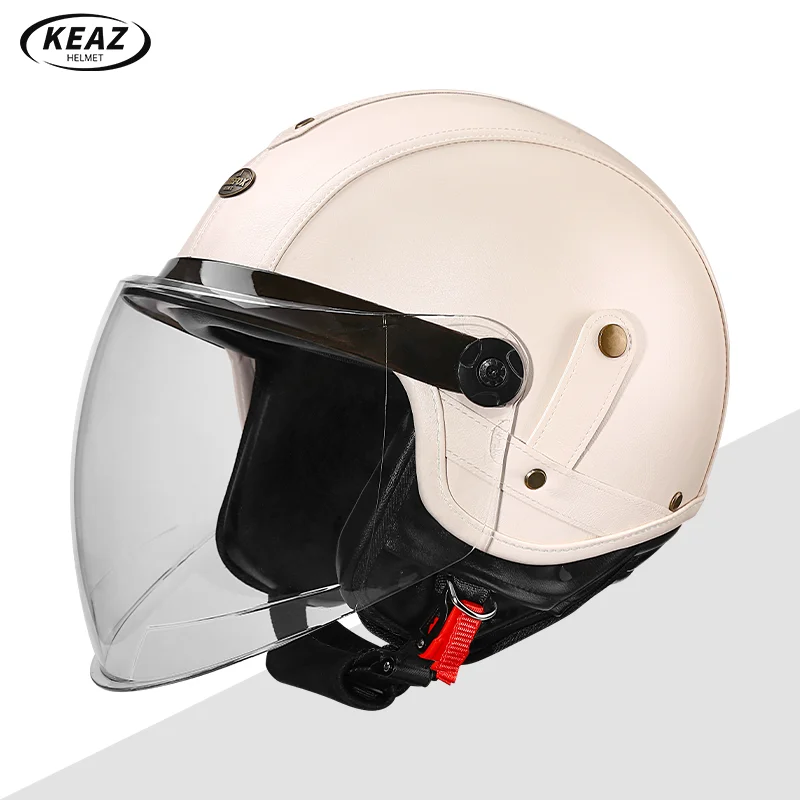 

Milky White Leather 3/4 Open Face Motorcycle Helmet with Strong Scratch Resistant Shell Soft Liner for Men and Women All Seasons
