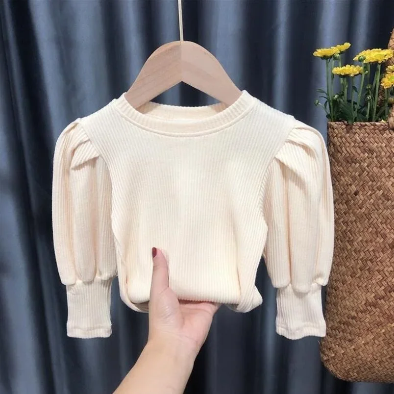 Spring Autumn Girls Blouse Solid Color Long Puff Sleeve Shirts Kids Cotton Shirt Baby Toddler Girl Tops Tee Children Clothes