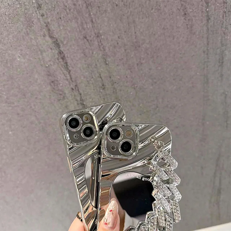 جراب هاتف آيفون 16 15 14 13 12 11 X XS XR Pro Max Plus INS الكورية نمط موجة مرآة لوضع مساحيق التجميل الغطاء الواقي مع سوار