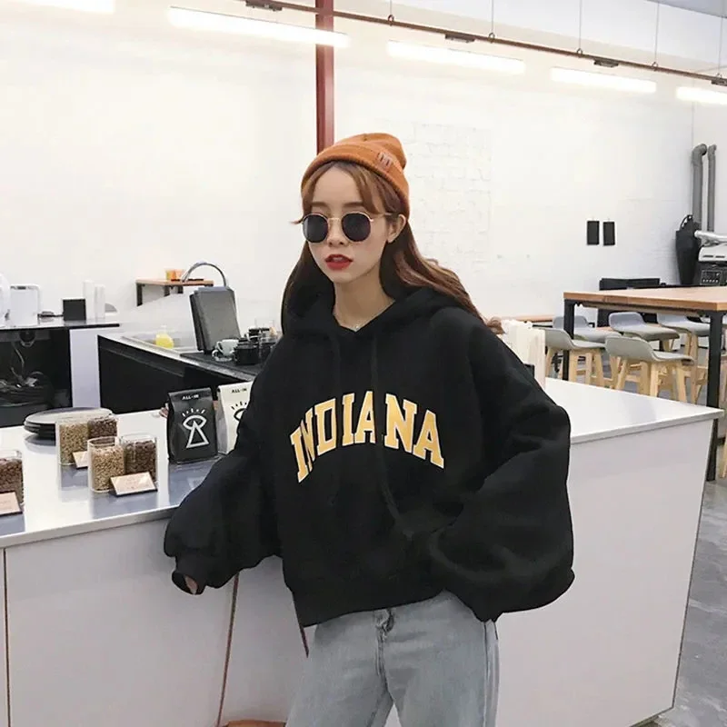 Cropped Hooded Sweatshirt Women Letter Loose Lazy Fall Winter Pullover Hip Hop Long Sleeve Fashion High Street School Tops