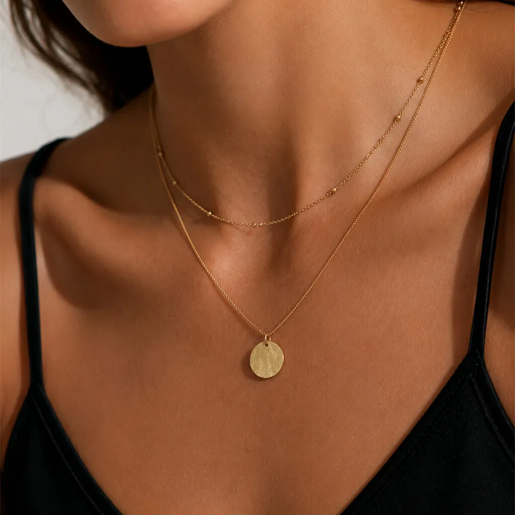 Lacteo Vintage Stainless Steel Round Pendant Necklace for Women Double Layer 18K Gold Plated Clavicle Chain Waterproof Jewelry