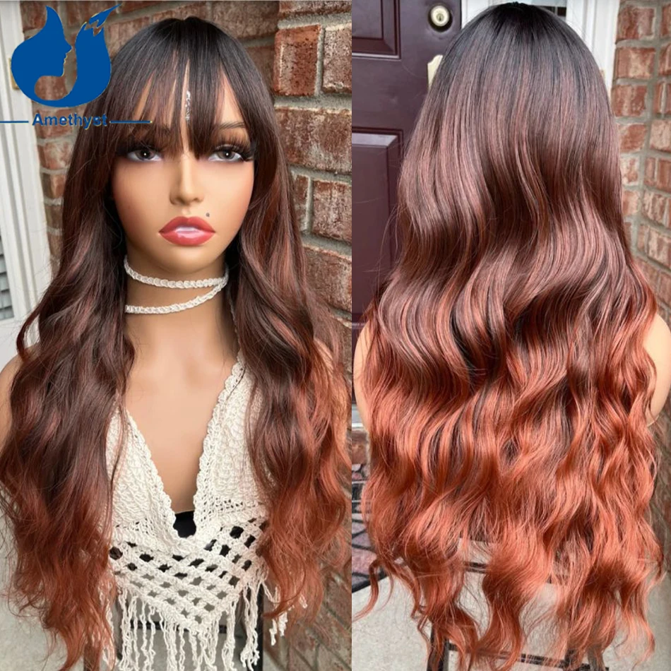 

Amethyst Long Wave Reddish Brown Ombre Wig With Bangs Human Hair For Women Scalp Top Full Machine Wig None Lace Remy Glueless