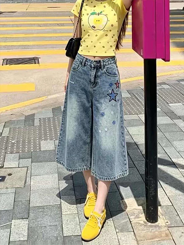 

American Retro Seven-Pointed Star Embroidered Denim Jeans Women's Summer New Slim Straight Loose Mid-Waist Wide Leg Pants