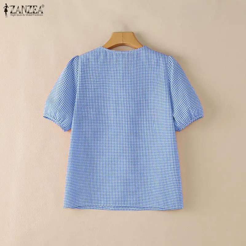ZANZEA Woman Summer Vintage Gingham Blouses Bow Detail V-Neck Short Puff Sleeve Checked Tops Daily Casual Blusas de Mujer S-3XL