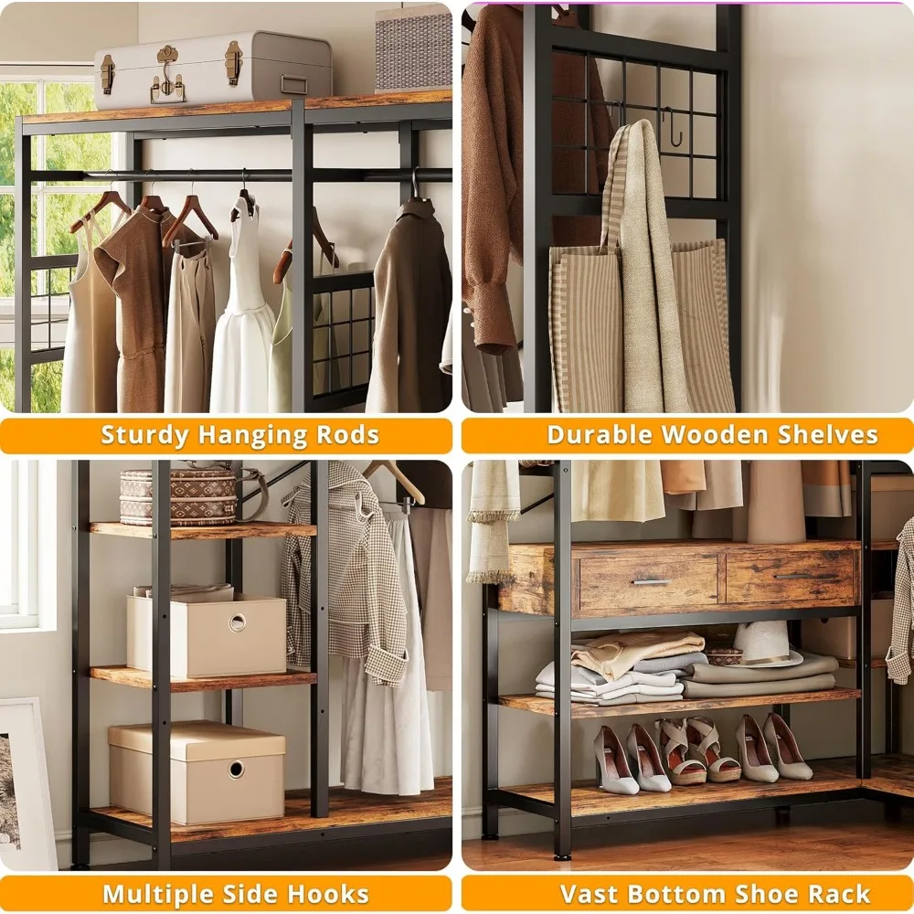 Closet Organizer and Storage Shelves, Heavy Duty Clothes Rack with 2 Wooden Drawers, L Shaped Coat Rack Corner Closet System