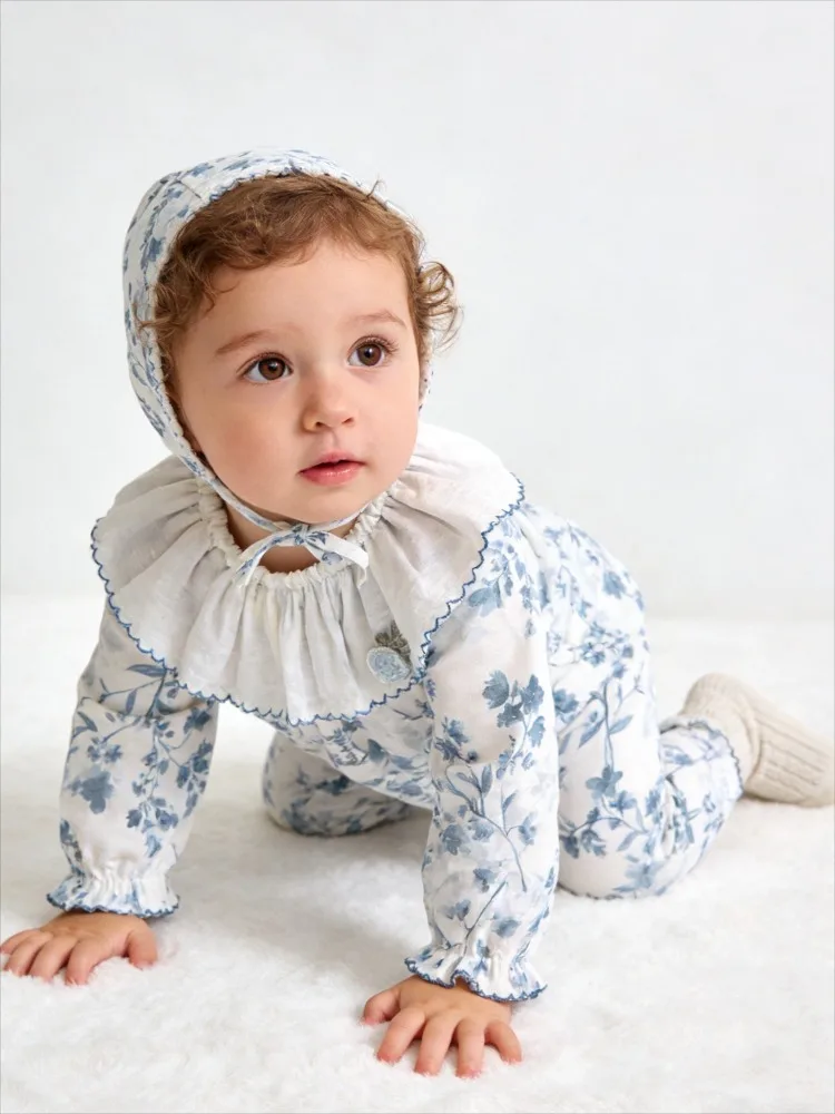 Elegant print spring and autumn baby cotton long sleeve jumpsuit outdoor wear children's triangle khai bib O-neck crawling suit
