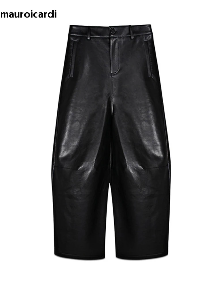 

Мужские широкие брюки Mauroicardi из искусственной кожи, черные, свободного кроя, на низкой талии, для весны и осени, дизайнерская уличная одежда класса люкс