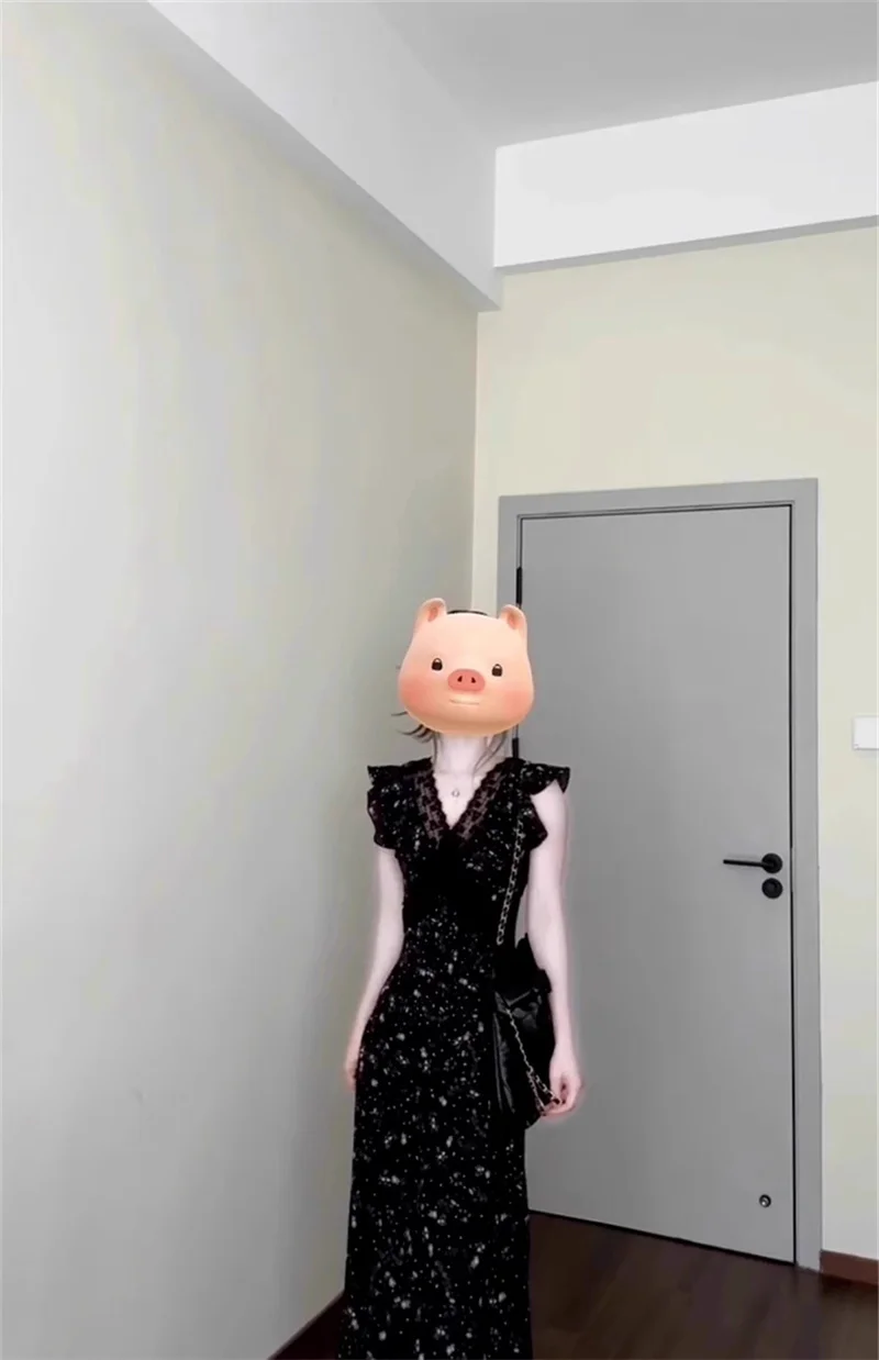 Sensação de alta qualidade estilo Hepburn francês, vestido floral super lindo com decote em V, lindo e exclusivo vestido de pausa para chá cinched na cintura,