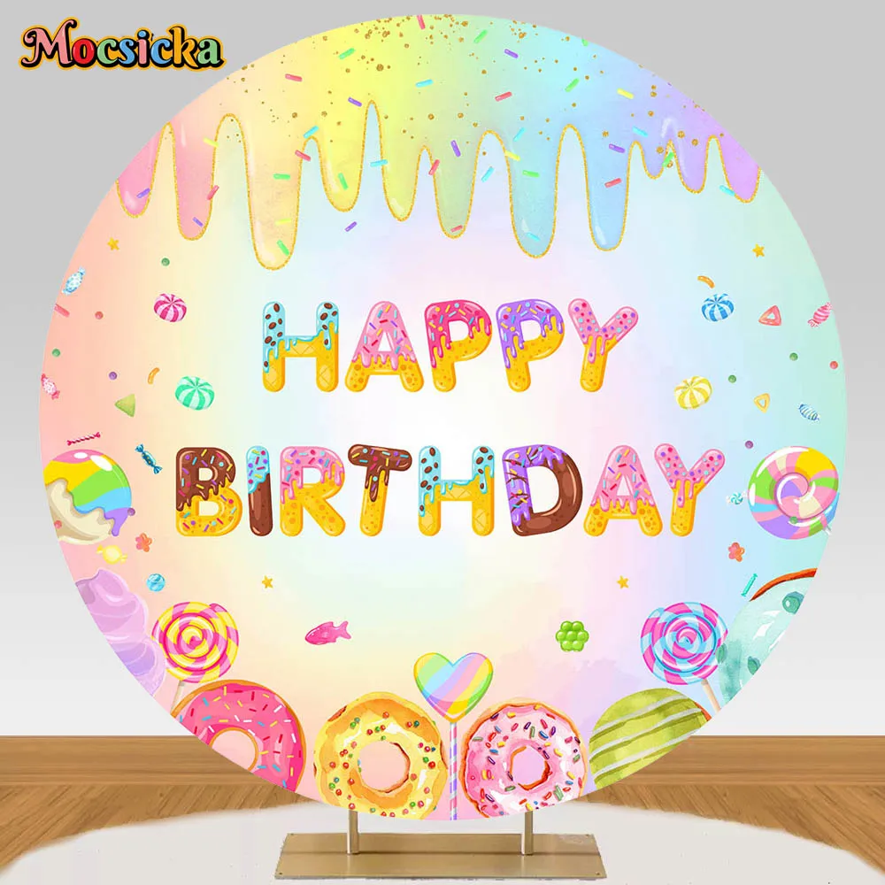 

Mocsicka Round Backdrop Donut Candy Kids Birthday Party Decor Newborn Cake Smash Photo Background Circle Cake Table Banner Props