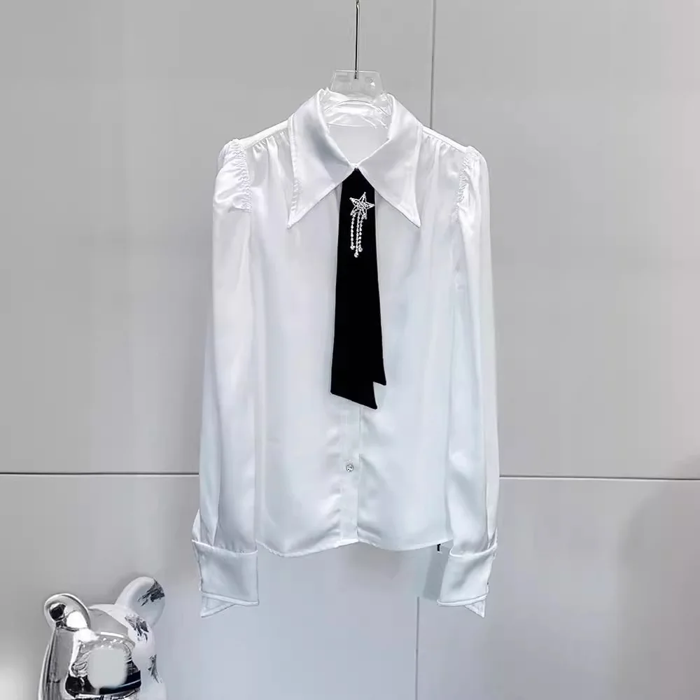 

Новая весенняя простая повседневная женская рубашка с воротником, украшенным стразами, с рукавом до плеча, свободного кроя, в деловом стиле, из полиэфирного волокна