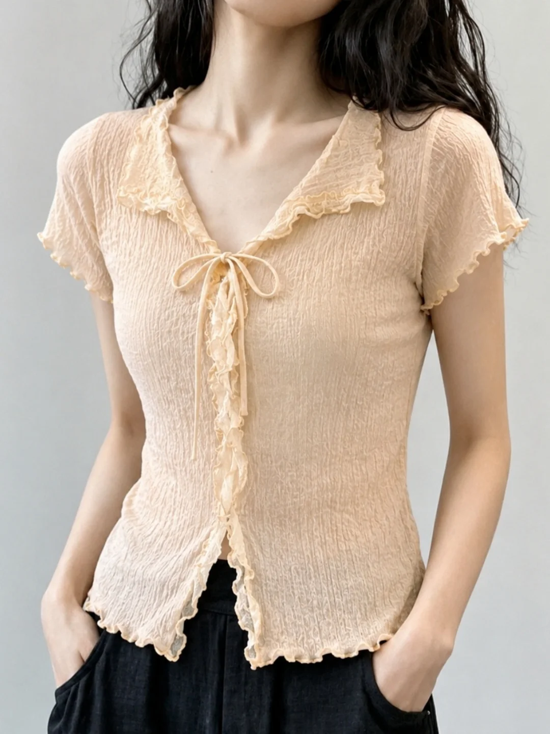 

Elegant V-Neck Ice Silk Knitted Top Short Sleeve Women's Fashion Summer Shirt Korean Style Slim Fit Pure Color Commute Wear