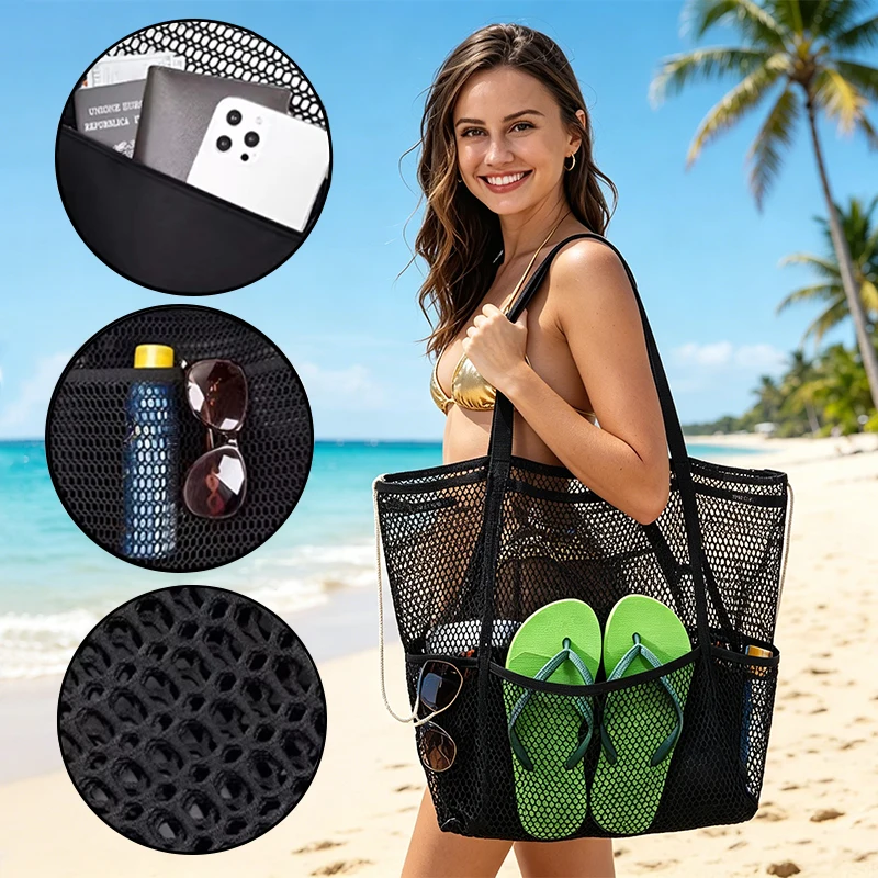 1PC Mesh Beach Bag With Multiple Pockets Quick Dry Sand Free Toy Organizer Tote Pool Cruise Travel Must Haves Multiple Colors