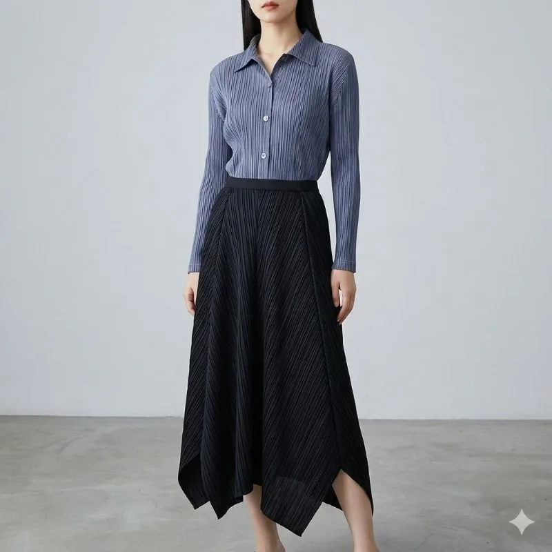 

Miyake однотонная плиссированная юбка женская 2026, весна-лето, новая универсальная полуюбка с эластичной резинкой на талии Jupe, неровный подол, свободная полуюбка