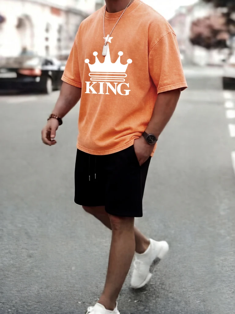 

King Crown Design Print Washed Man Sport Vintage T-Shirt Soft Cotton Short Set All-Match O-Neck Tee Unisex Fashion Pocket Shorts