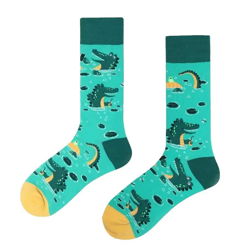 Nolvety Animal Pattern Dinosaur Raccoon Panda Cotton Men Crew Sock Stylish Gift Men Husband Cute Trendy Funky Green Blue