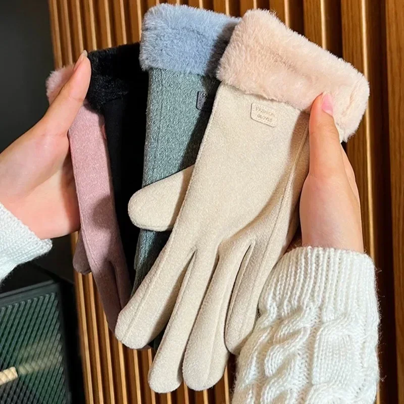 

Thicken Warm Plush Gloves Winter Women Girl Soft Comfortable Simple Gloves Solid Color Riding Elastic Gloves Fashion Accessories