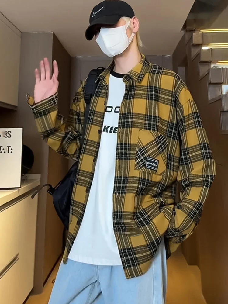 

Yellow Plaid Long Sve irt Men's Summer High Street Cool Sun Protection American Vibe Teenage Top Loose Fit Casual irt