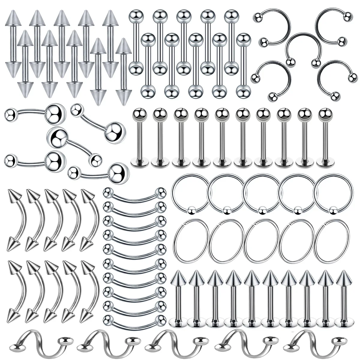 85PCS Surgical Steel Body Piercing Jewelry Lot Bulk Nose Ring Tongue Bar Lot Eyebrow Labret Piercing Set Horseshoe Ring Lot Pack