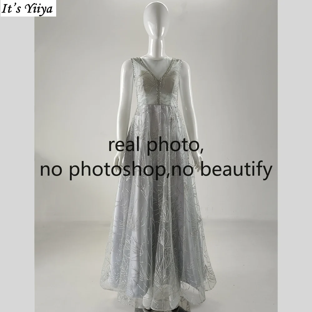 

It's yiiya Real Photo Evening Dress Gray Bling Tulle Beads Transparent Sleeveless A-line Floor Length Women Party Formal Gowns