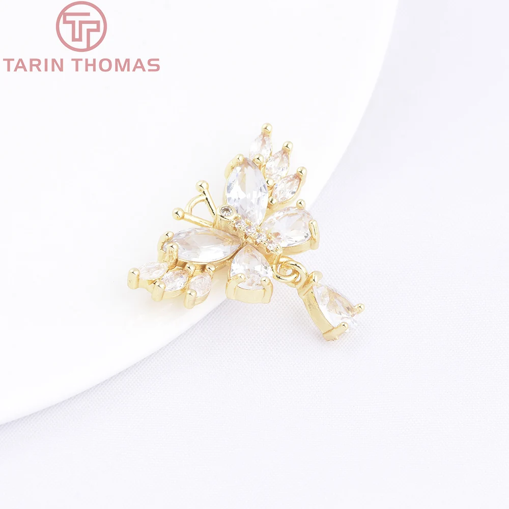 (10082) 4PCS 18K Gold Color Brass with Zircon Butterfly Shaped Pendant with Water Droplets High Quality DIY Jewelry Findings