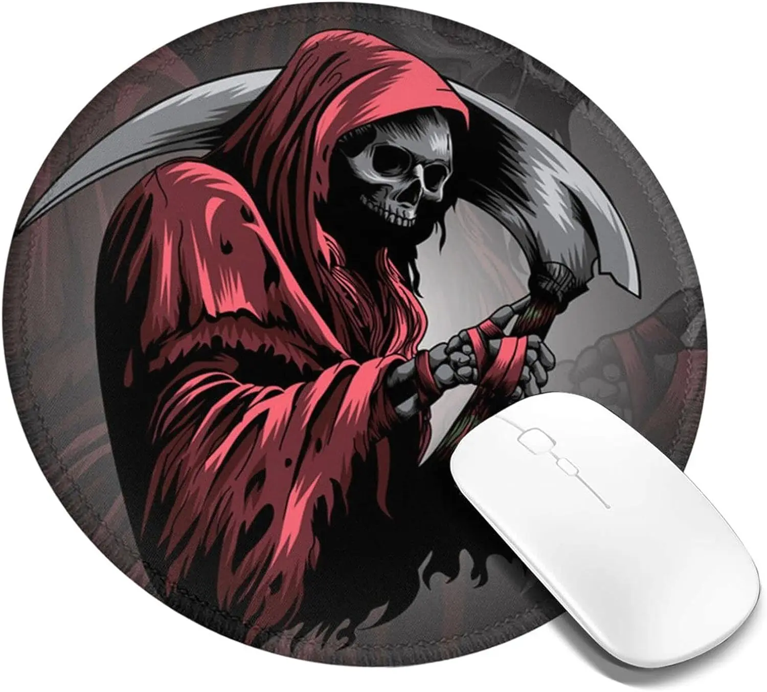 Grim Reaper Death Mouse Pad Anti Slip Rubber Skull Round Mousepads with Stitched Edge for Home Gifts Office 7.9 X 7.9 Inch