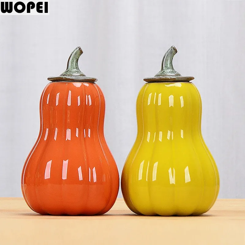 Ceramic Tea Caddy Simulated Pumpkin Ornament Moisture-proof Sealed Jar Storage Tank Candy Jar Tea Box Teas Container Organizer