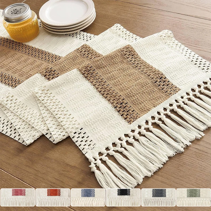 

Bohemian Style Woven Tassel Table Flag with Thick Rope Texture Hollowed Out Tablecloth French Retro Decoration Foyer Tablecloth