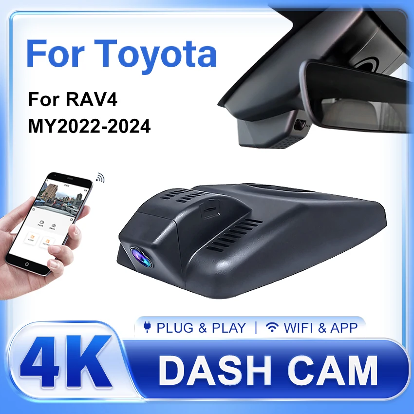 4K 2160P Plug and Play Car DVR Video Recorder Dash Cam Camera For Toyota RAV4 2022 2023 2024 Wiper cable DashCam APP control