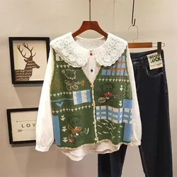 Bear Cartoon Jacquard V Neck Knitted Vest Sweater Women Autumn Winter Outwear Loose Sleeveless Sweater Cardigan Fashion Y2k Tops