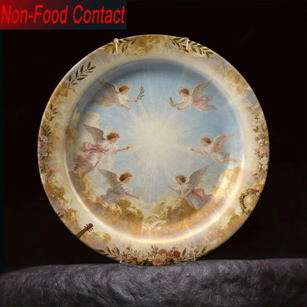 1pc Ceramic Decorative Plate Suitable for Home Decor - Ornate Angel, Dove & Olive Branch Round Wall/Table Plate, Religious Art