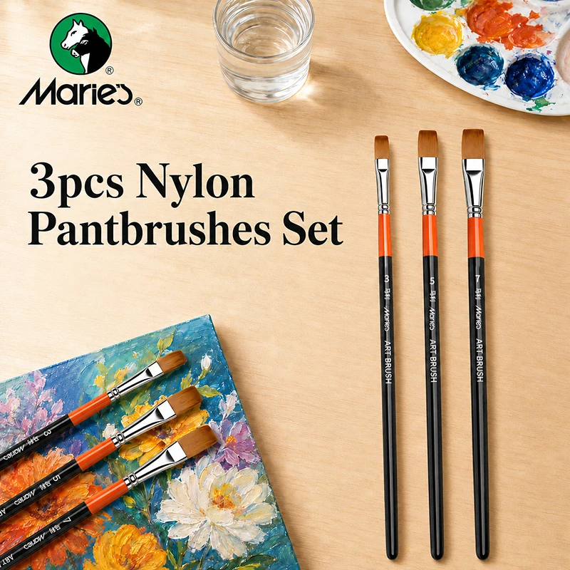 Marie's 3pcs Nylon Flat Brushes for Artists Painting,Durable Wooden Handle,Professional for Acrylic,Watercolor,Oil,Model,Fabric