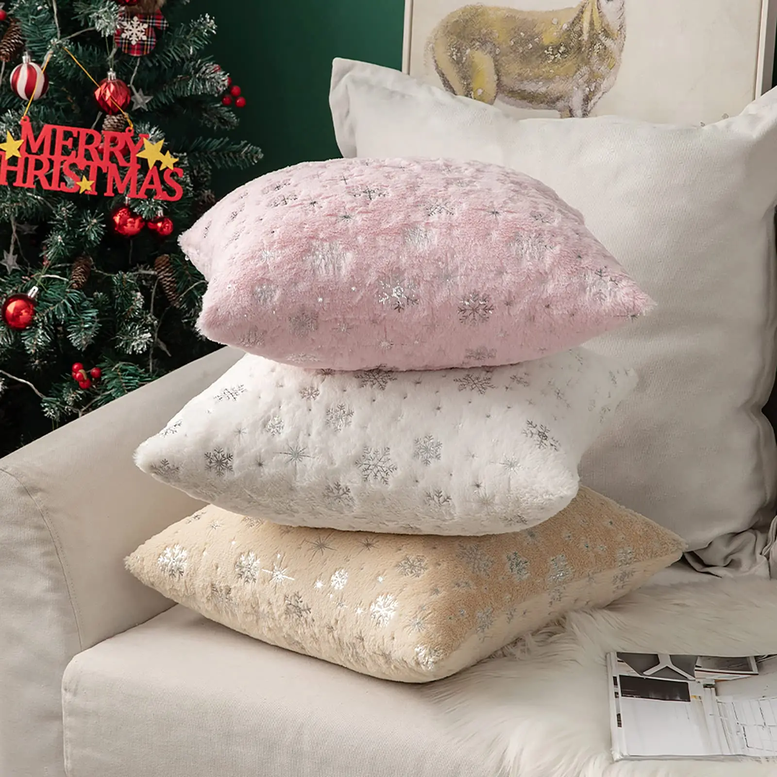 Decorative Pillows Cover Snow Snowflake Christmas Cushion Cover Plush Throw Pillow Cover Sofa Pillow Case Home Decor 45x45cm