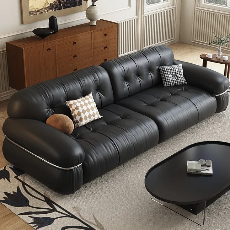 Retro steel ring sofa leather straight row pure black style customization