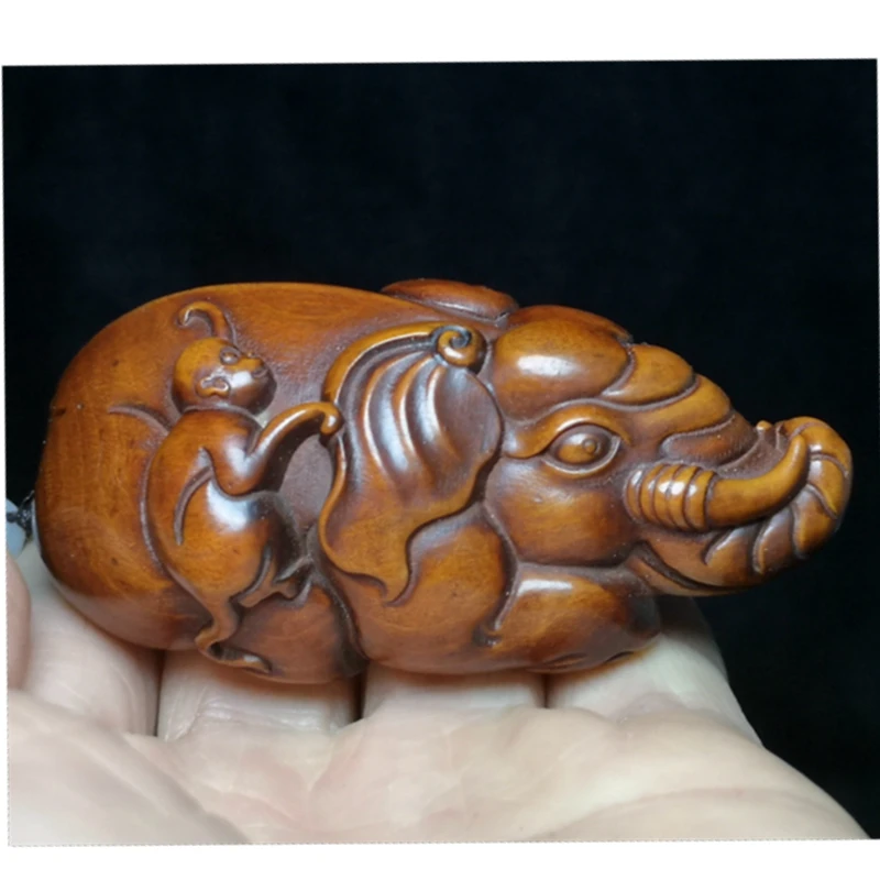 

1919 Antique art Size 3 Inch Old Chinese Boxwood Wood carved monkey Elephant Figure statue netsuke table Decoration collectable