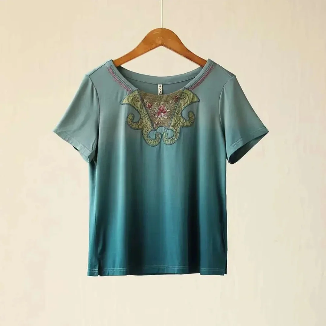 

New Chinese style T-shirts summer embroidery Short sleeve women tops Bamboo fiber High Strecth O-neck vintage clothes on sales