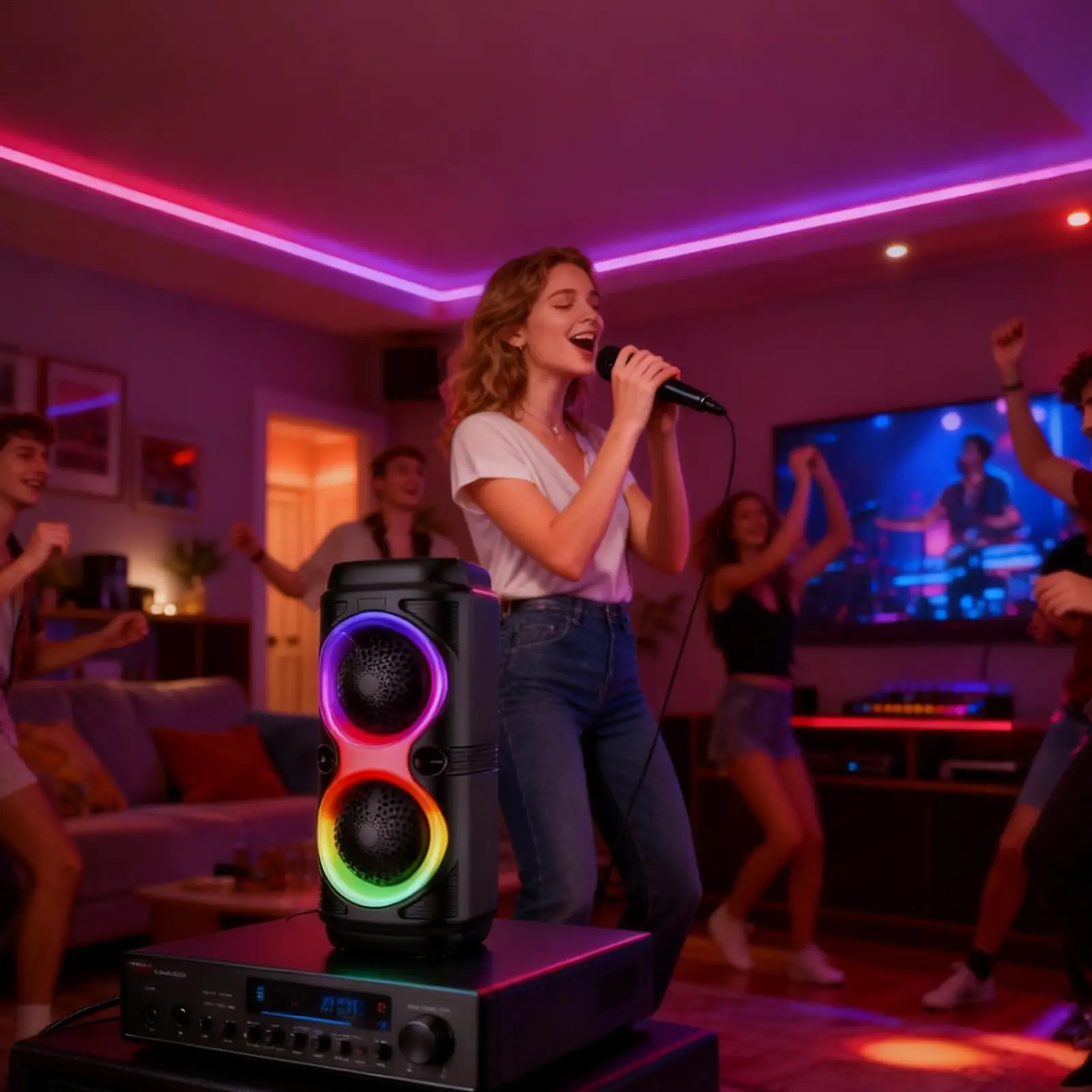 

Уличные беспроводные колонки Беспроводная аудиосистема с двойным динамиком и микрофоном Аудио для домашней вечеринки для выступлений на сцене, офиса на открытом воздухе