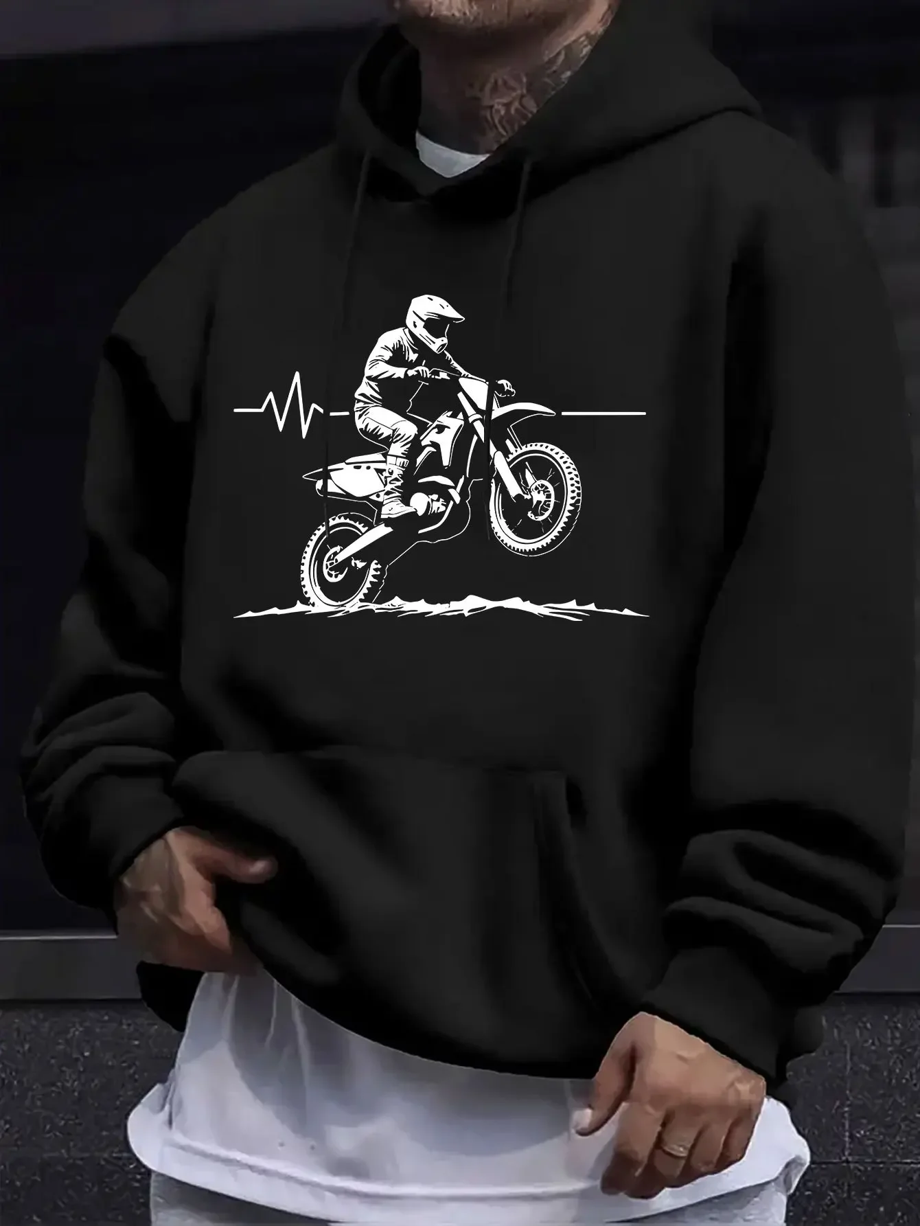 Sudadera con Capucha Estampada para Hombre, Otoño Invierno, Manga Larga, Estampado de Silueta de Motocicleta y ECG, Estilo Biker Cool