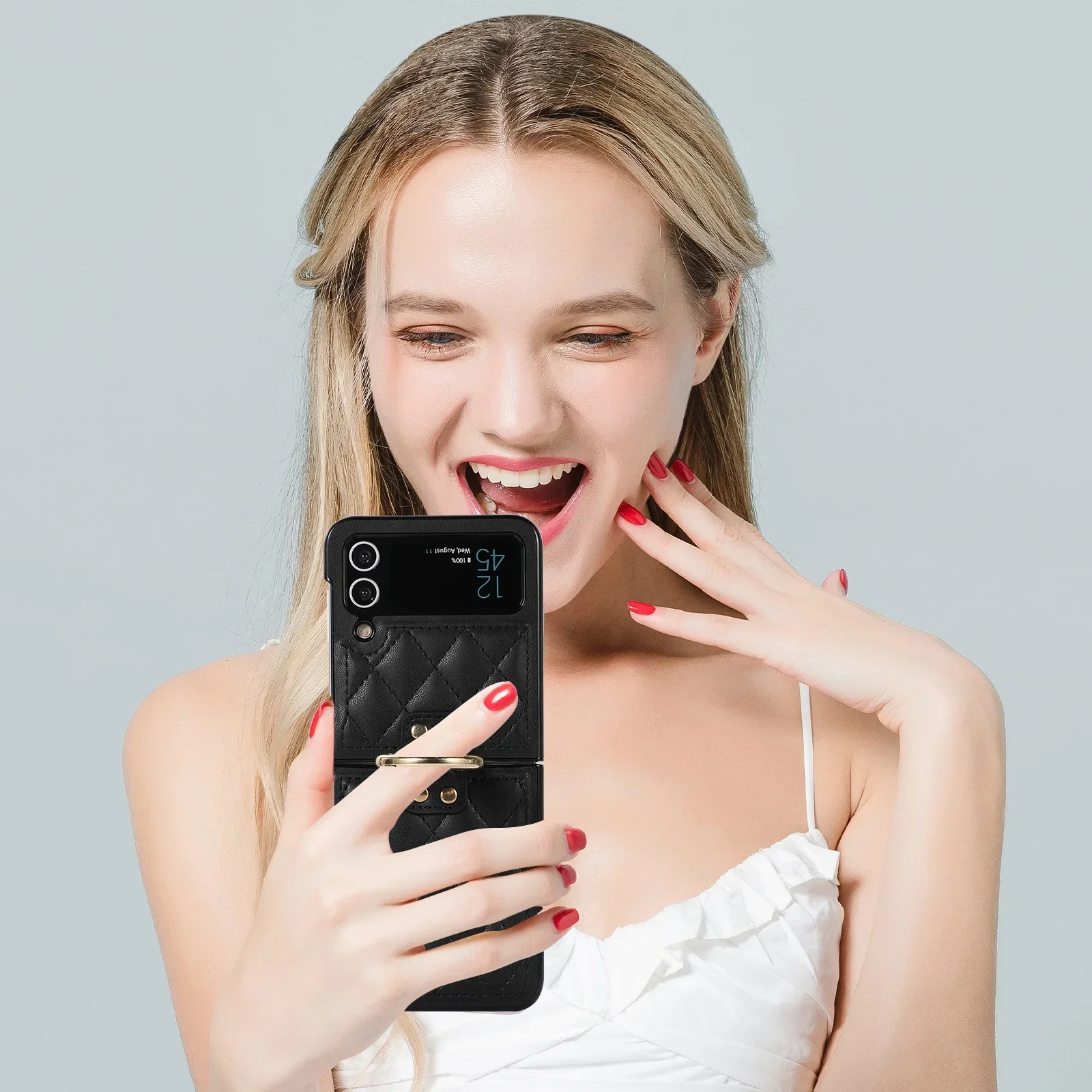 Galaxy Z Flip 4 3 5G Ringhalter Handyhülle für Samsung Z Flip4 Flip3 Ultradünne Leder-Klappschutzhülle mit Halterung