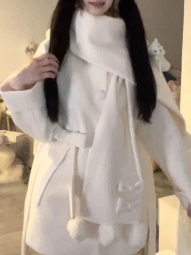 Jesienno-zimowy płaszcz wełniany w stylu japońskim preppy damski Kawaii kokarda kreskówkowy miś szalik luźne długie kurtki słodkie Y2K Lolita odzież wierzchnia